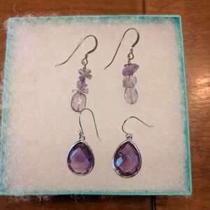 2 Pairs Amethyst Sterling Silver Dangle Earrings